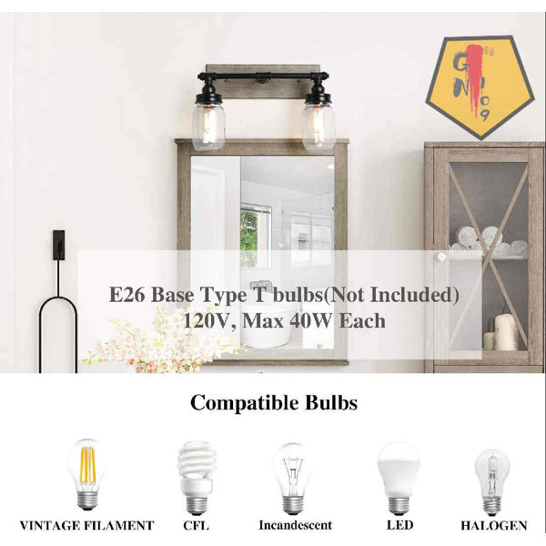 Everly Quinn Faux Wood Bathroom Light, Cottage 2 Dressing Lamp With Mason Jar Shade (Black